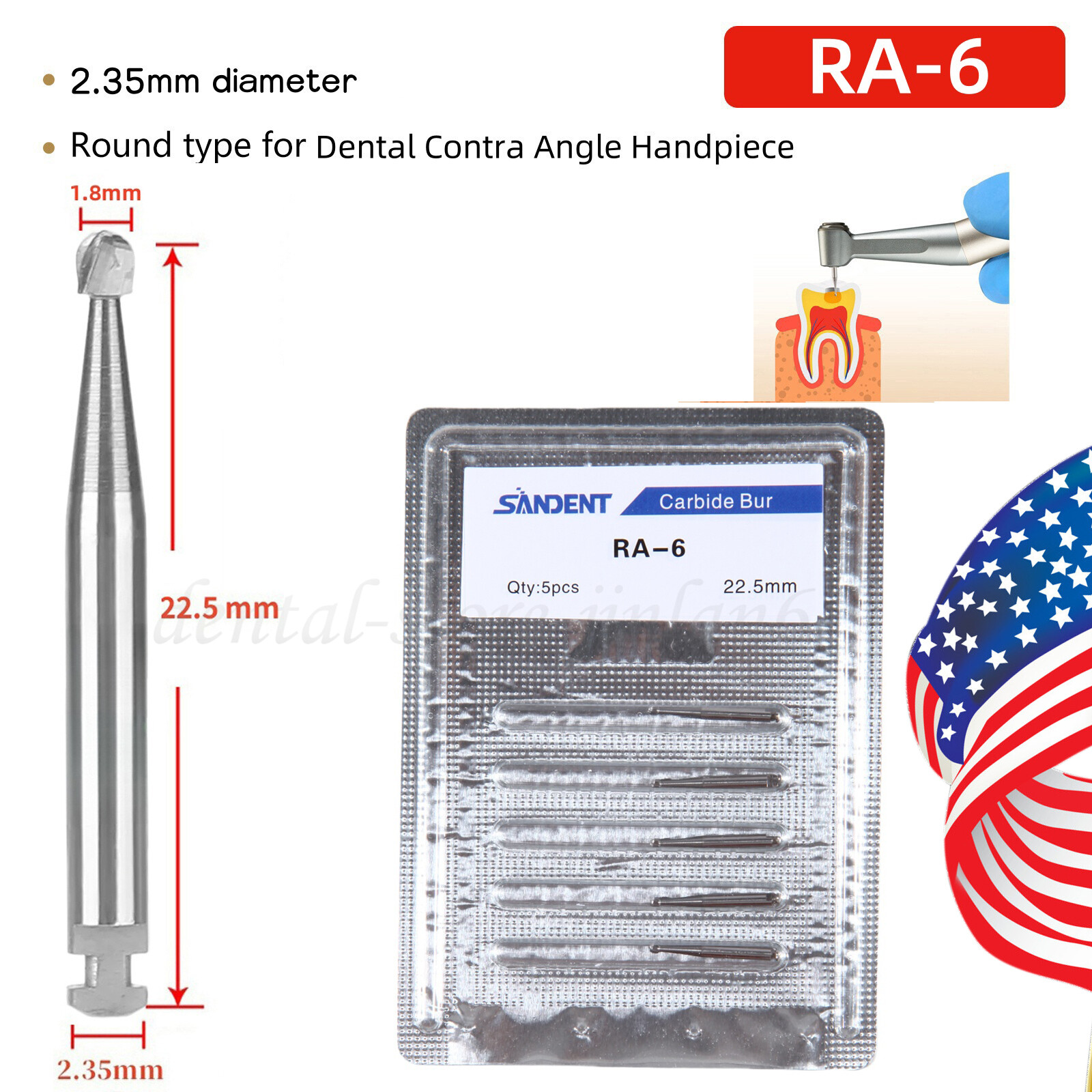 5 Pcs/Pack Dental 22.5mm Round Carbide Bur Slow Speed Latch Type RA4 Burs USA