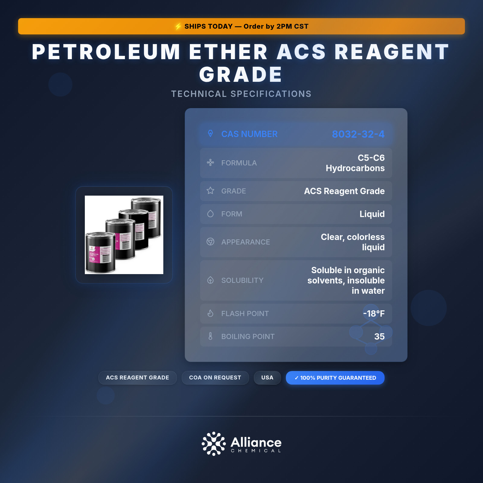 Petroleum Ether ACS Reagent Grade – 4 x 5 Gallon Pails