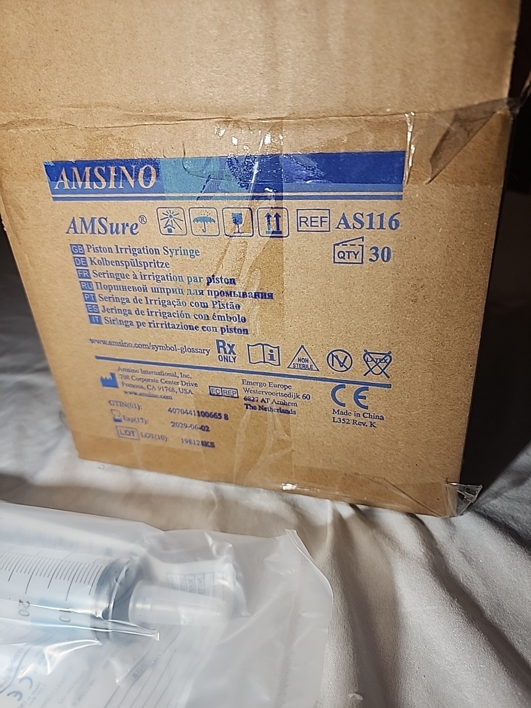 Amsino AS116 Piston Irrigation Syringe 60cc 30 Count box