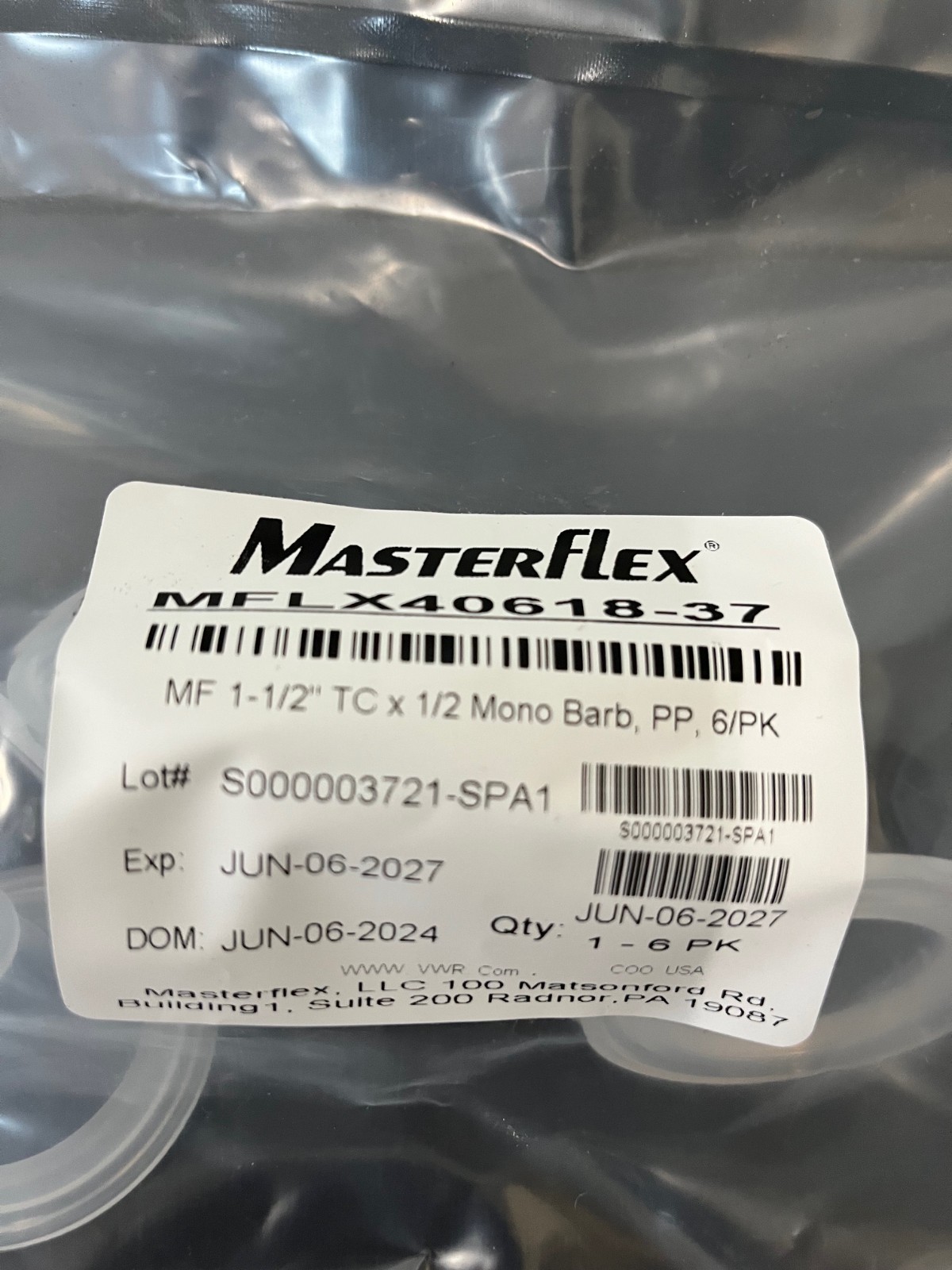 MasterFlex MFLX40618-37, MF 1-1/2″ TC x 1/2 Mono Barb, PP, 6/pk, Expires 06/2027