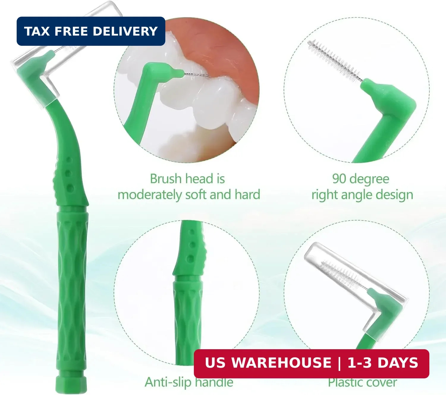 50Pcs Interdental Brushes, Green Soft Dental Brushes with Non-Slip Handle Angled