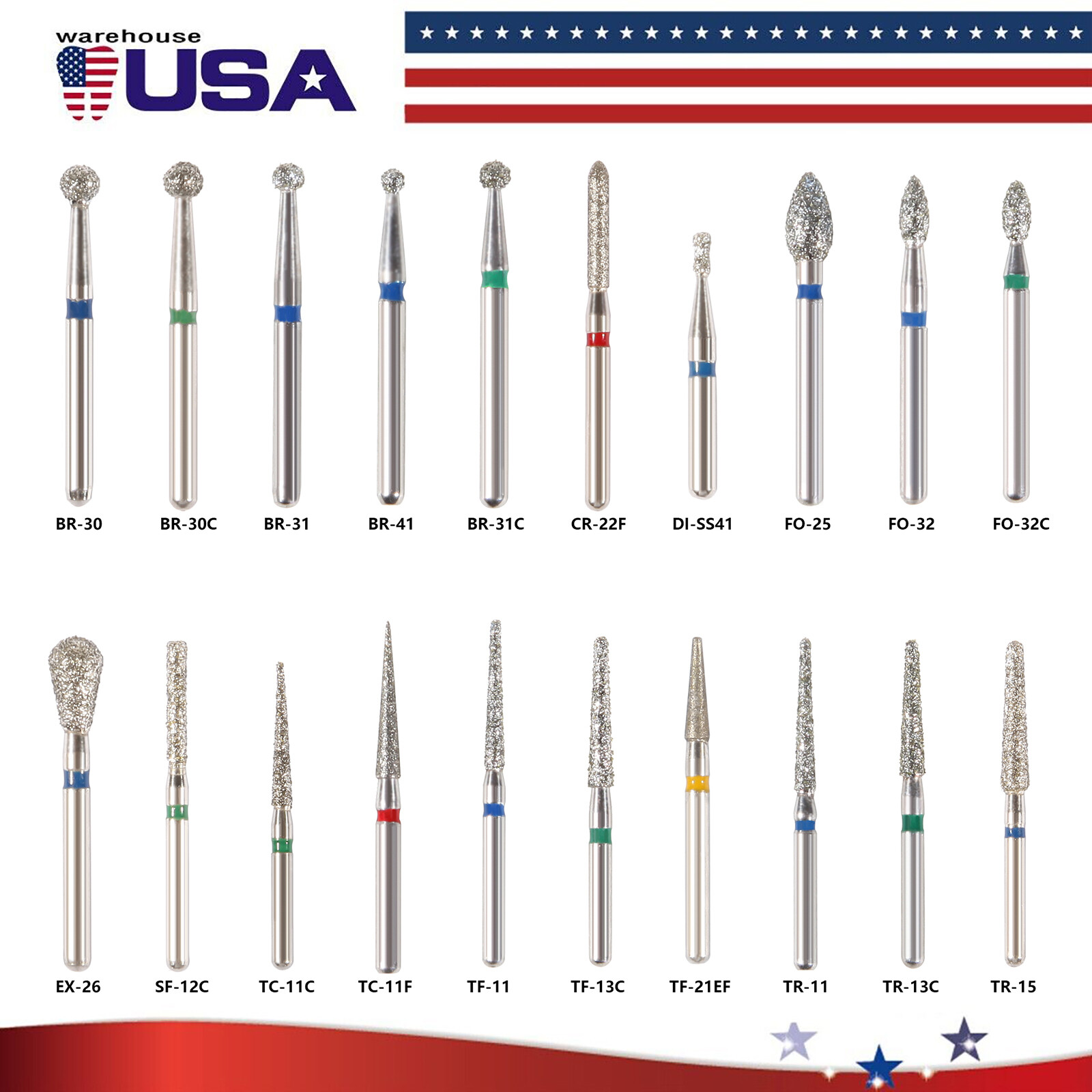 100Pcs Dental Diamond Burs High Speed Handpiece Friction Grip 20 Types DS