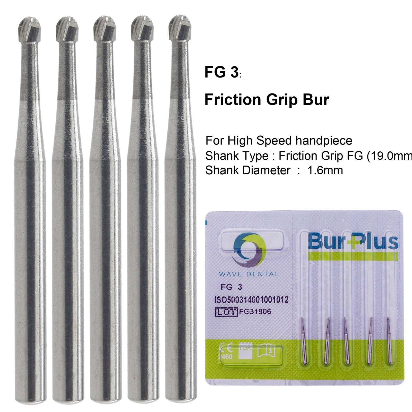 Wave Dental Carbide Bur High Speed Round FG 1/4 1/2 1 2 4 5 6 7 8 Friction Grip