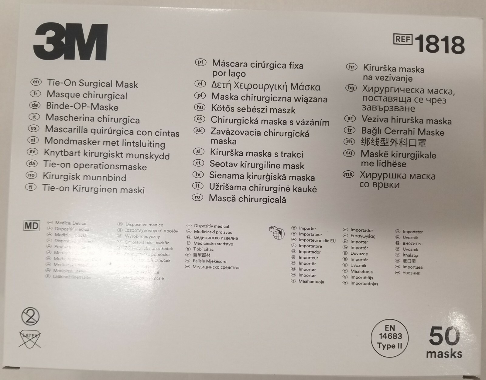 *50-Pieces* 3M Tie-On Surgical EN14683 Type II Blue Face Mask 1818