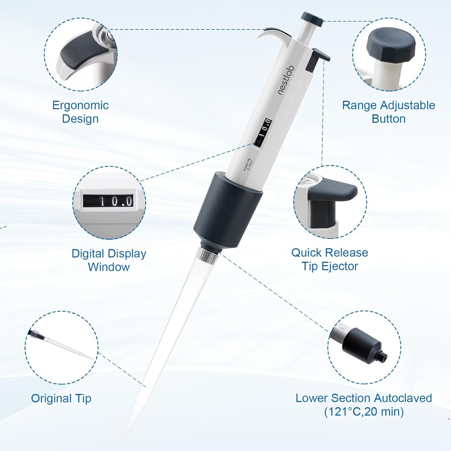 1-10ml Single-Channel Adjustable Pipettes Manual Micropipette High Accurate USA