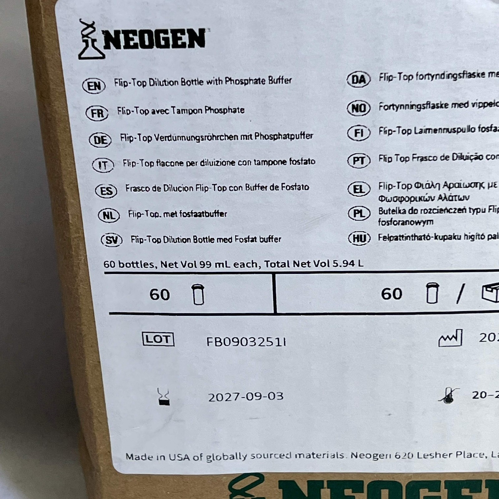 NEOGEN (60 PACK) Flip Top Dilution Bottle W/ Phosphate Buffer 99 mL BB 09/2027