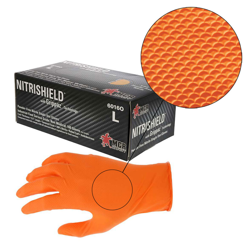 MCR Saftey Nitrishield w/Grippaz 6 Mil Gloves, Various Sizes, 1 Case, Free Ship