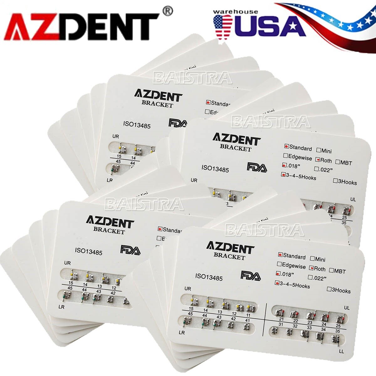 AZDENT Dental Orthodontic Brackets Braces Standard Roth/MBT 018/022 Hooks 3/345