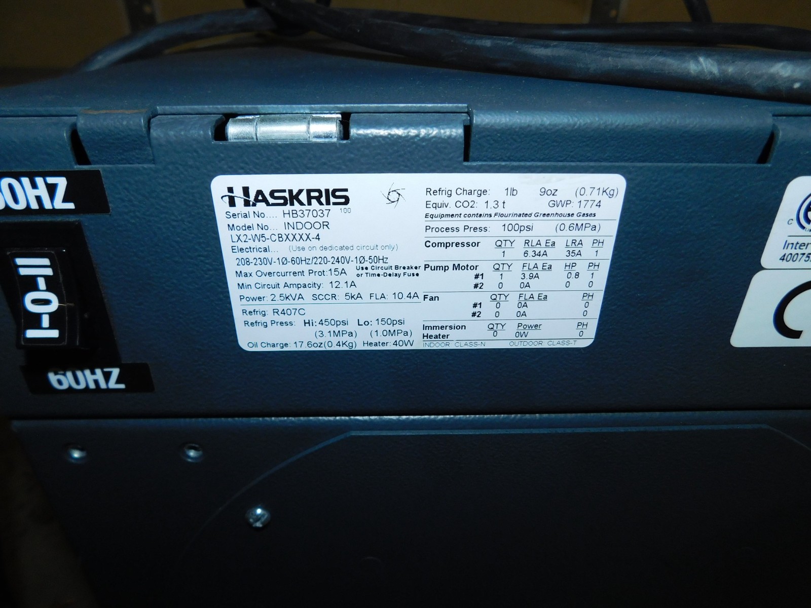 HASKRIS MODEL LX2-W5-CBXXXX-4 INDOOR AIR COOLED LAB WATER CHILLER (#4744)