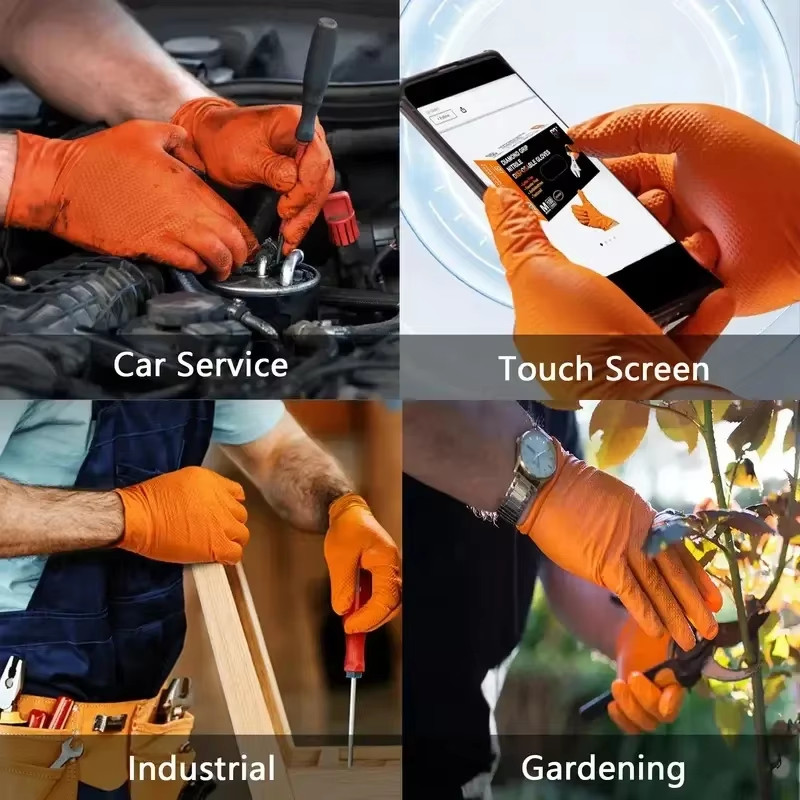 8 Mil Heavy Duty Industrial Orange Disposable Nitrile Gloves Diamond Textured Te