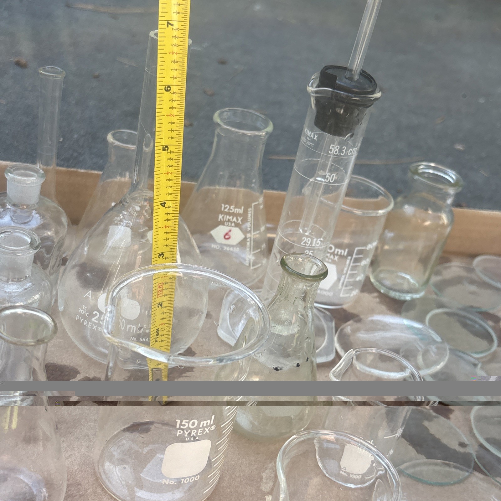 Pyrex & Kimex Glass Vacuum Flasks Beakers Tubes Lids Lab Chemistry Lot