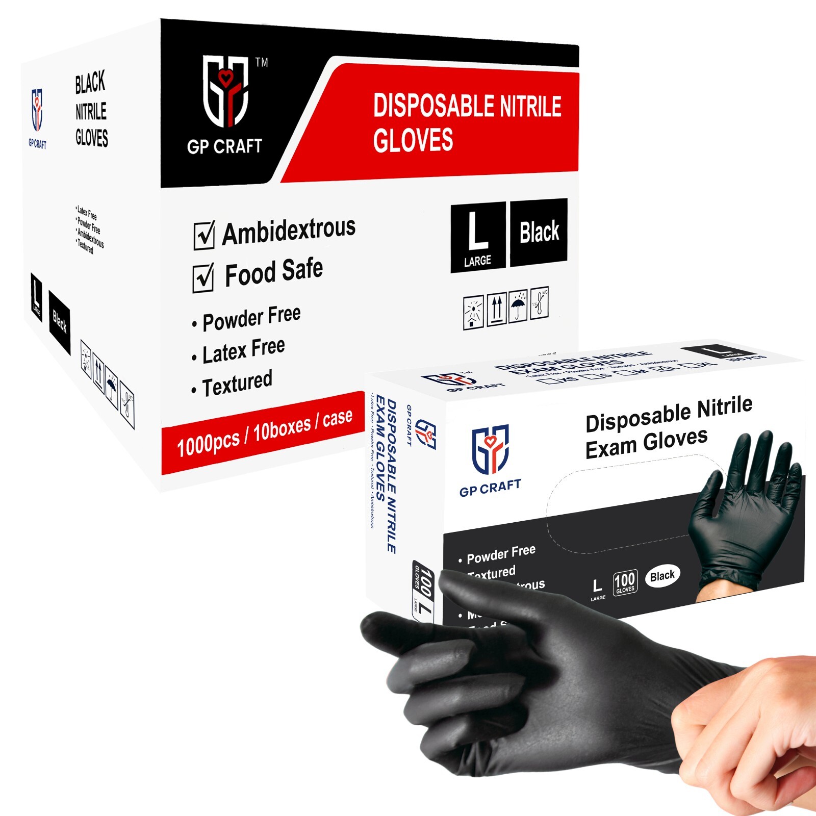 GP Craft Black Nitrile Gloves 5Mil Latex-Free Disposable Food Safe (1000, Case)
