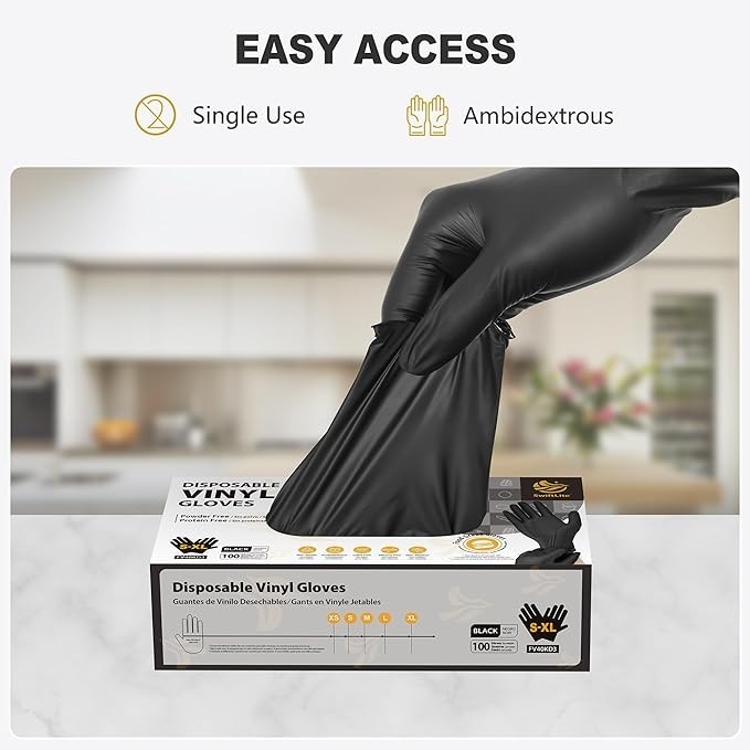 Black Vinyl Gloves, Food Grade Gloves Disposable Latex Free & Powder Free, 100ps