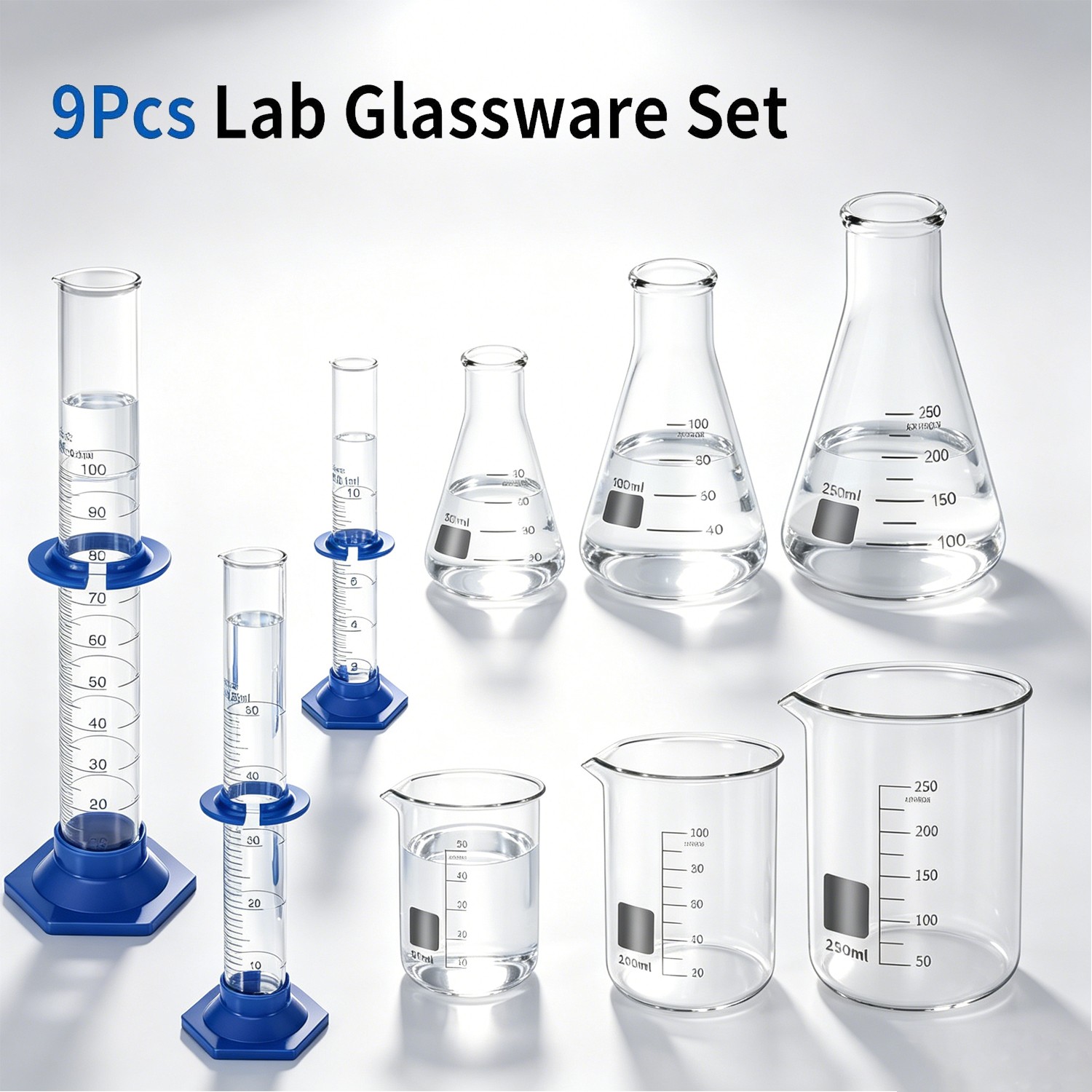 Set of 9 Laboratory Glassware Set Science Lab Chemistry Beaker 50/100/250ML