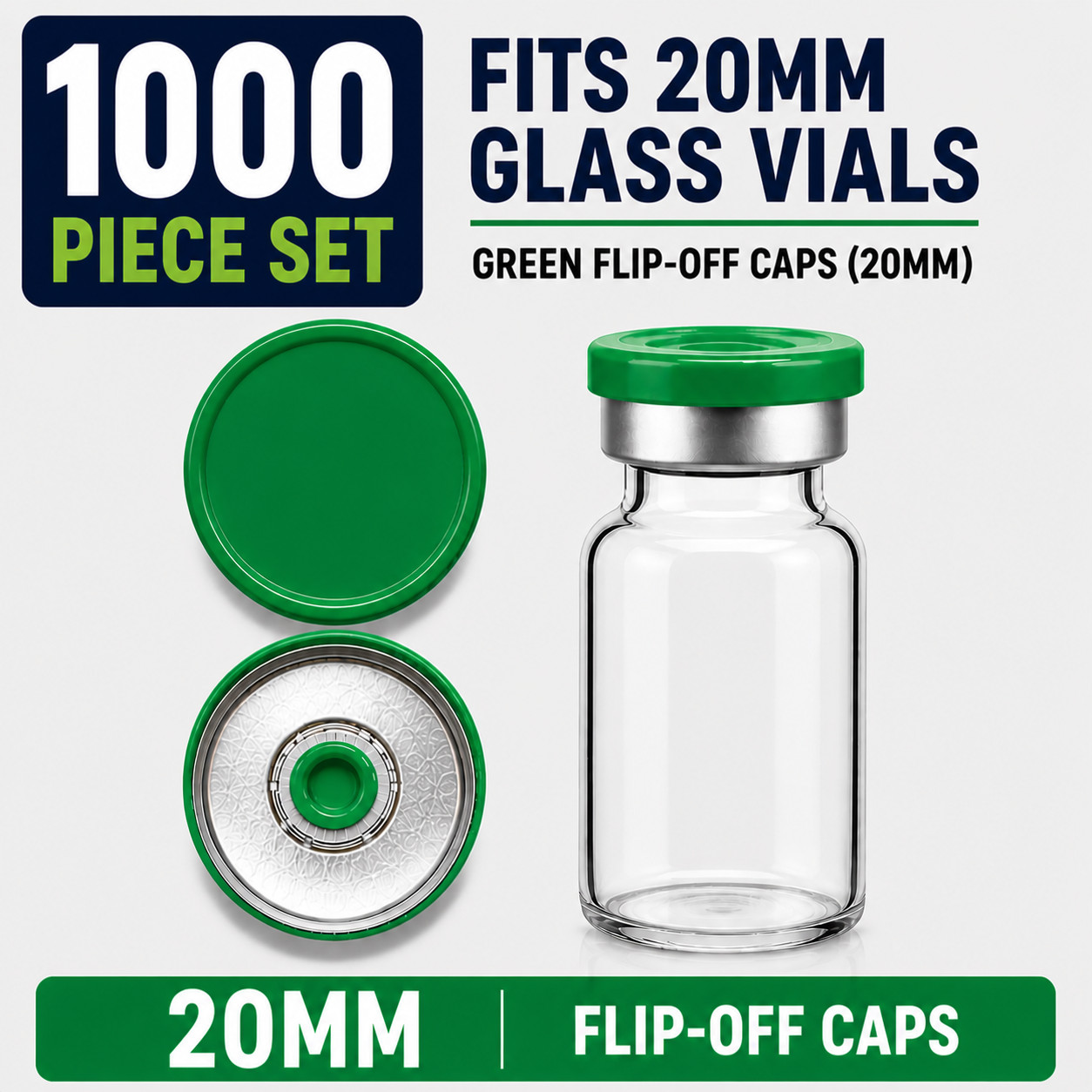 20mm Aluminum Shiny Flip Off Serum Vial Seals + Rubber plugs 1000