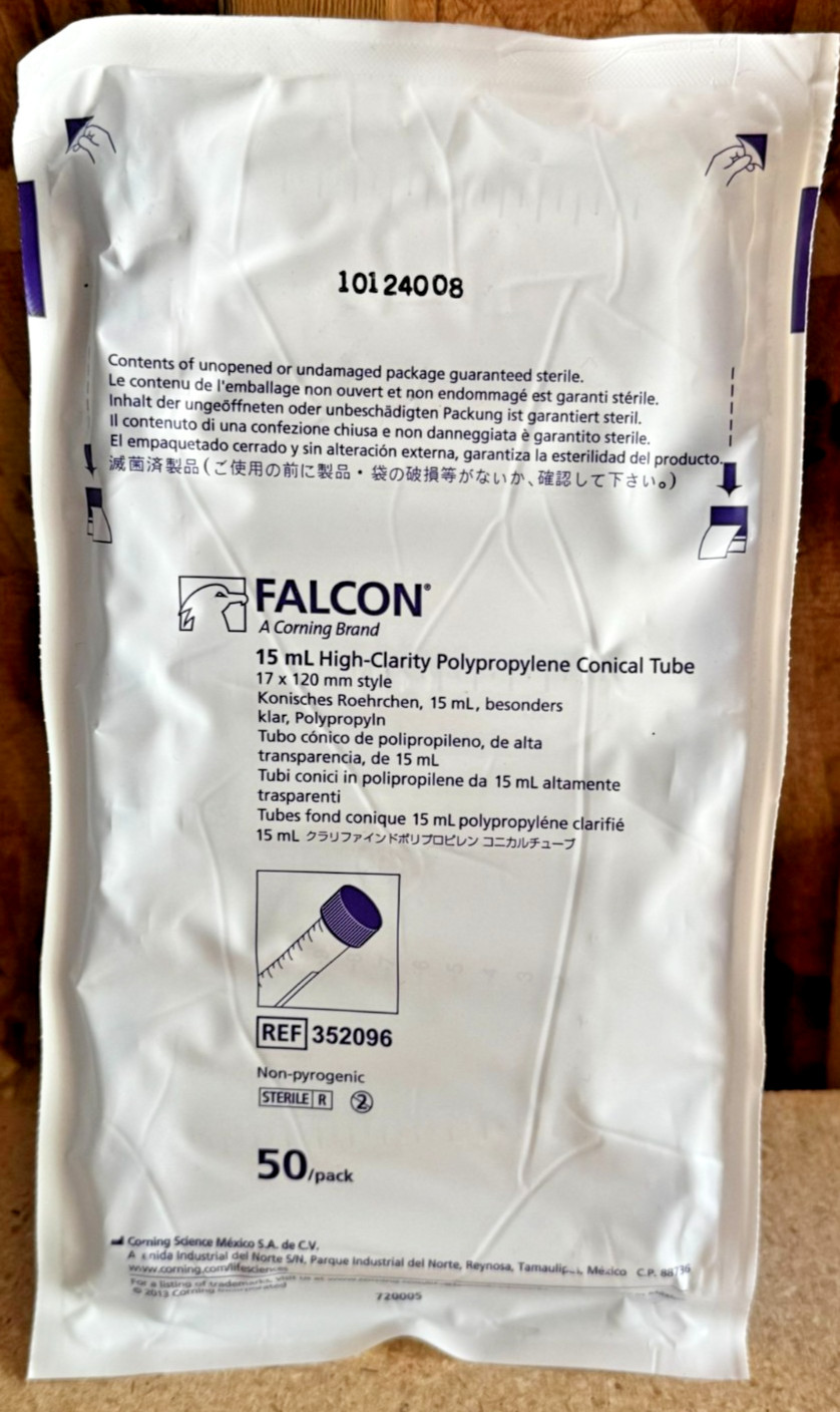 Corning Falcon 352096 High Clarity 15ml Sterile Conical Centrifuge Tubes – 50pk