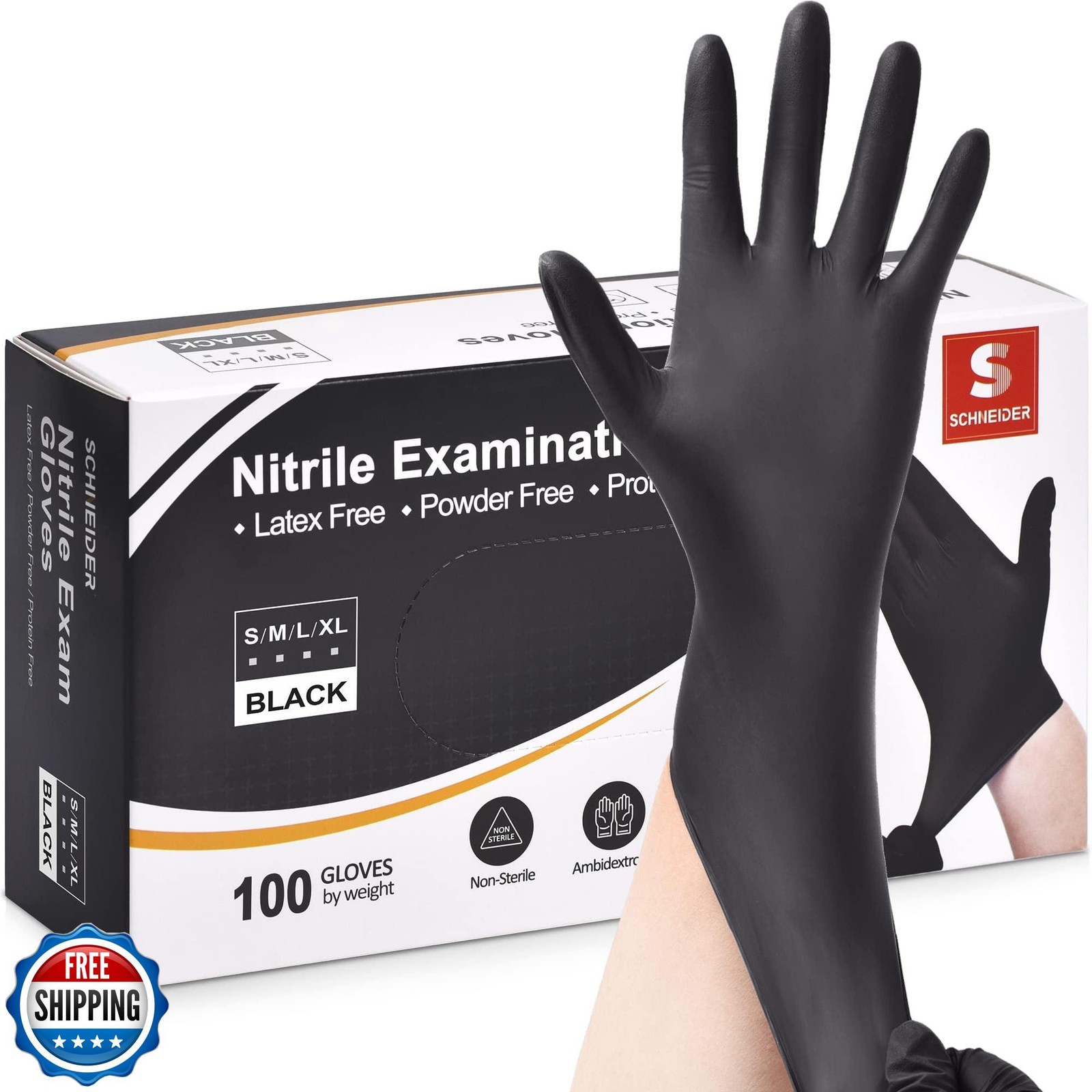 Schneider Nitrile Exam Gloves, Black, Medium, 100-ct Box, 4-mil, Latex-Free,