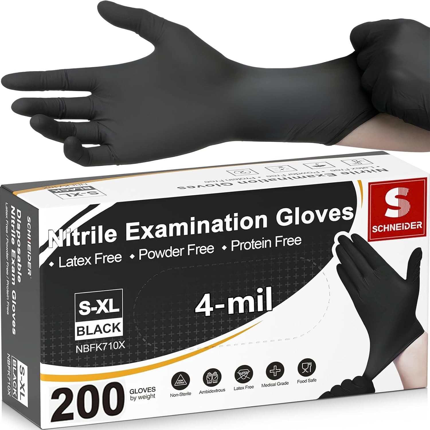 Hypoallergenic Black Nitrile Gloves – 4 Mil Disposable, Waterproof, Large Size