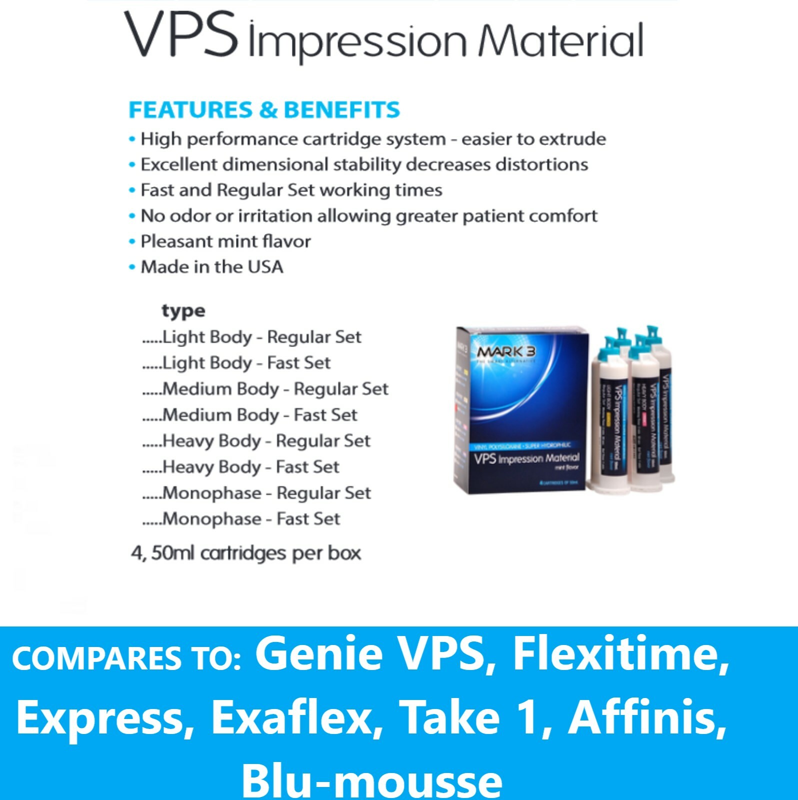 Dental HEAVY BODY FAST SET VPS Impression Material PVS 50ML Cartridge, Exp 12/27