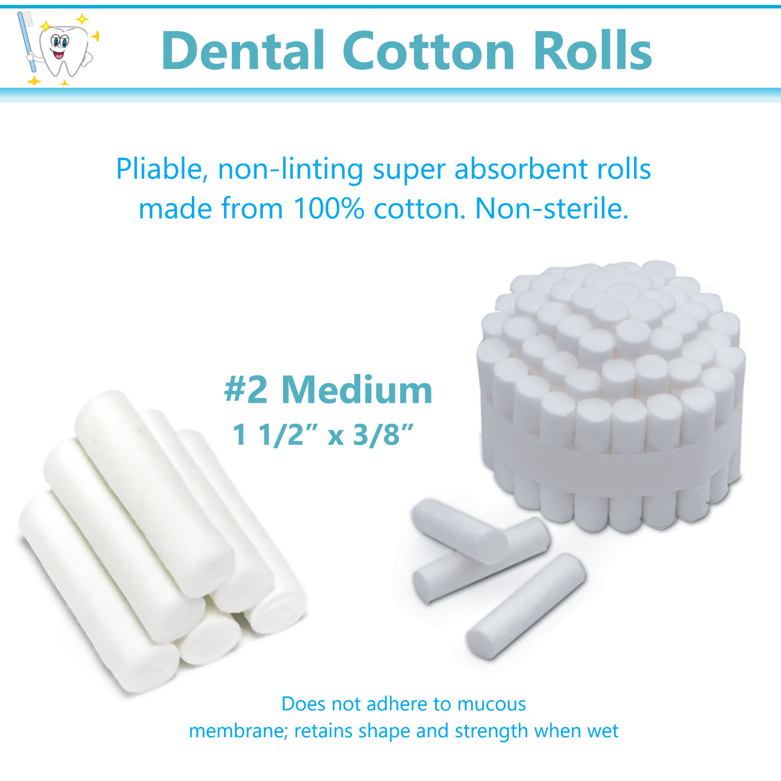 2000 x Dental Cotton Rolls Premium Quality Size #2 Medium Nonsterile, 3/8″ Roll