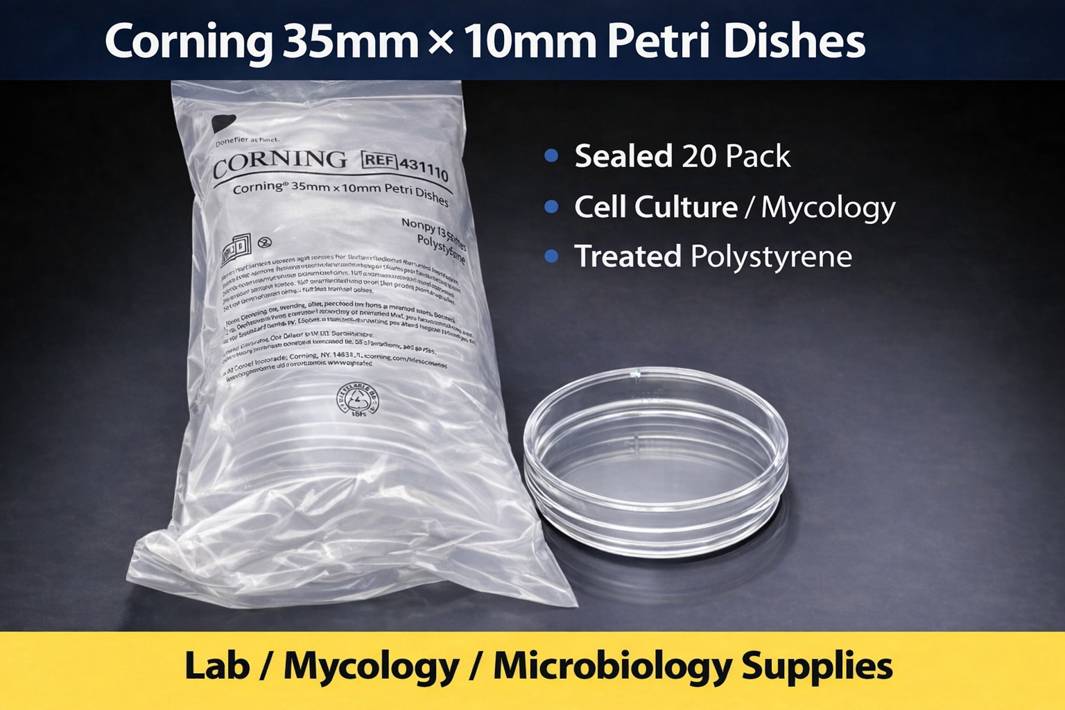 Corning 430165 – 35mm Petri Dishes – 20 Pack – Mycology / Microbiology / Lab