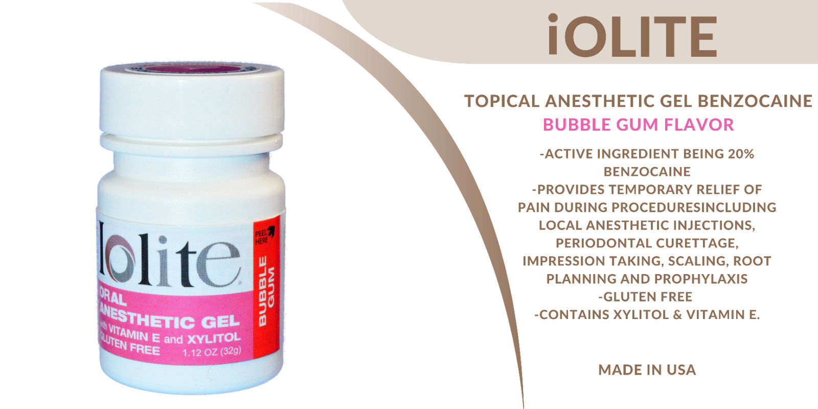IOLITE 20% Benzocaine Topical Anesthetic Gel BUBBLE GUM FLAVOR 1OZ