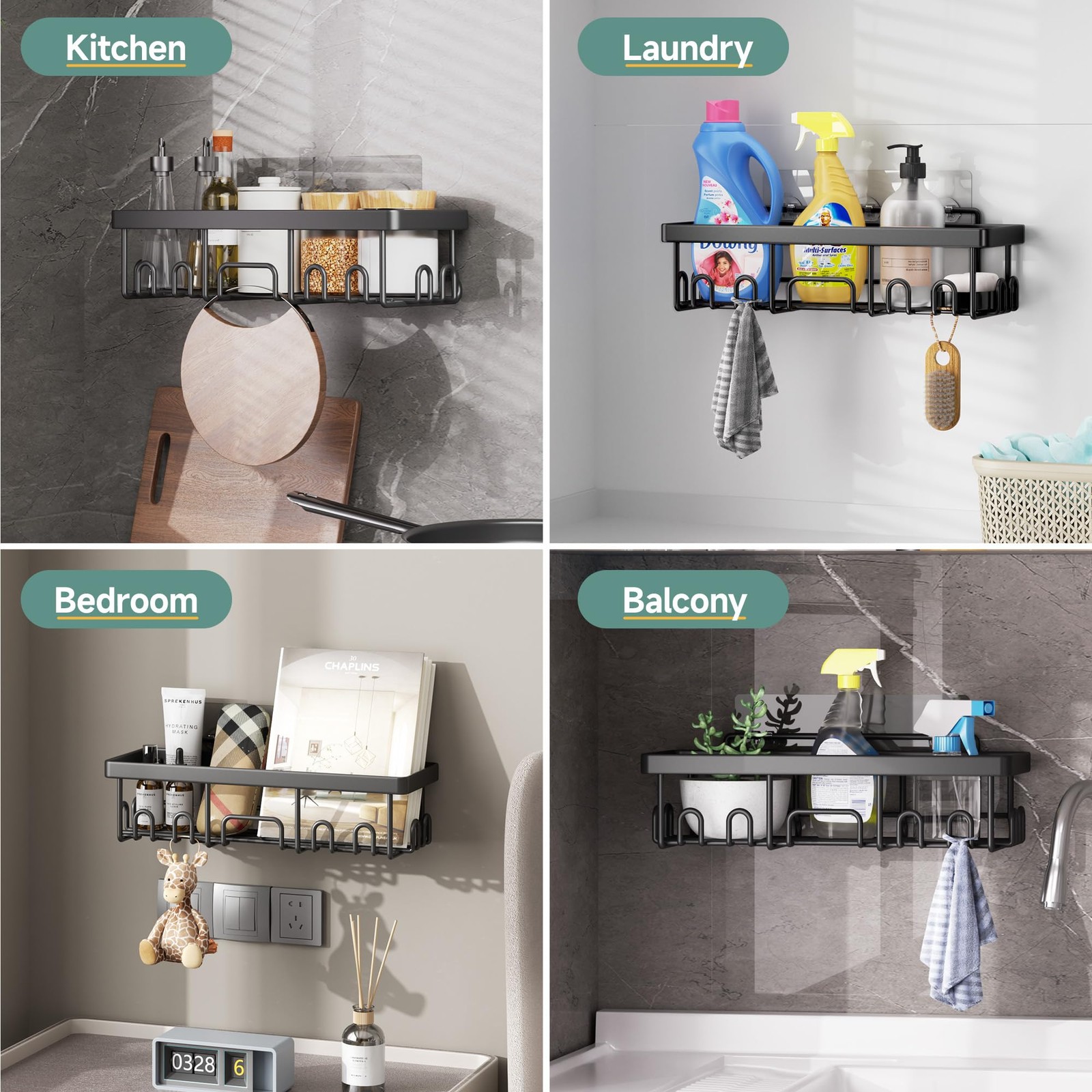 Veken Shower Caddy 6-Pack – Rustproof, No Drill Adhesive Shelves + Soap Holder