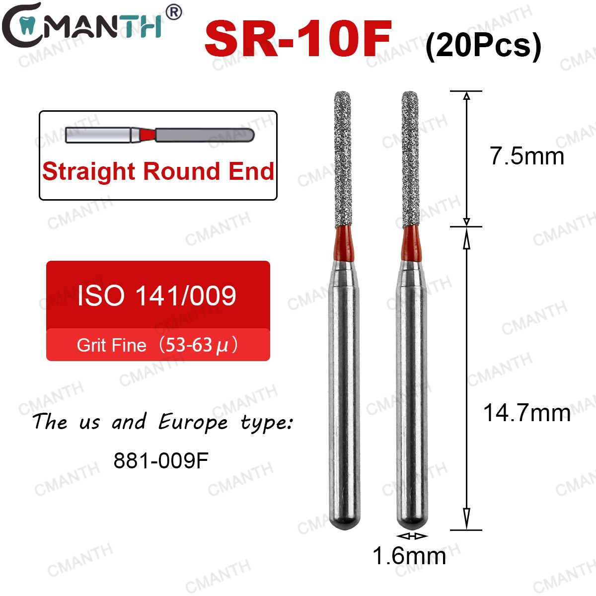 100PCS Dental Diamond Burs Round End 881-009F Fine Grit High Speed Bur FG 1.6mm