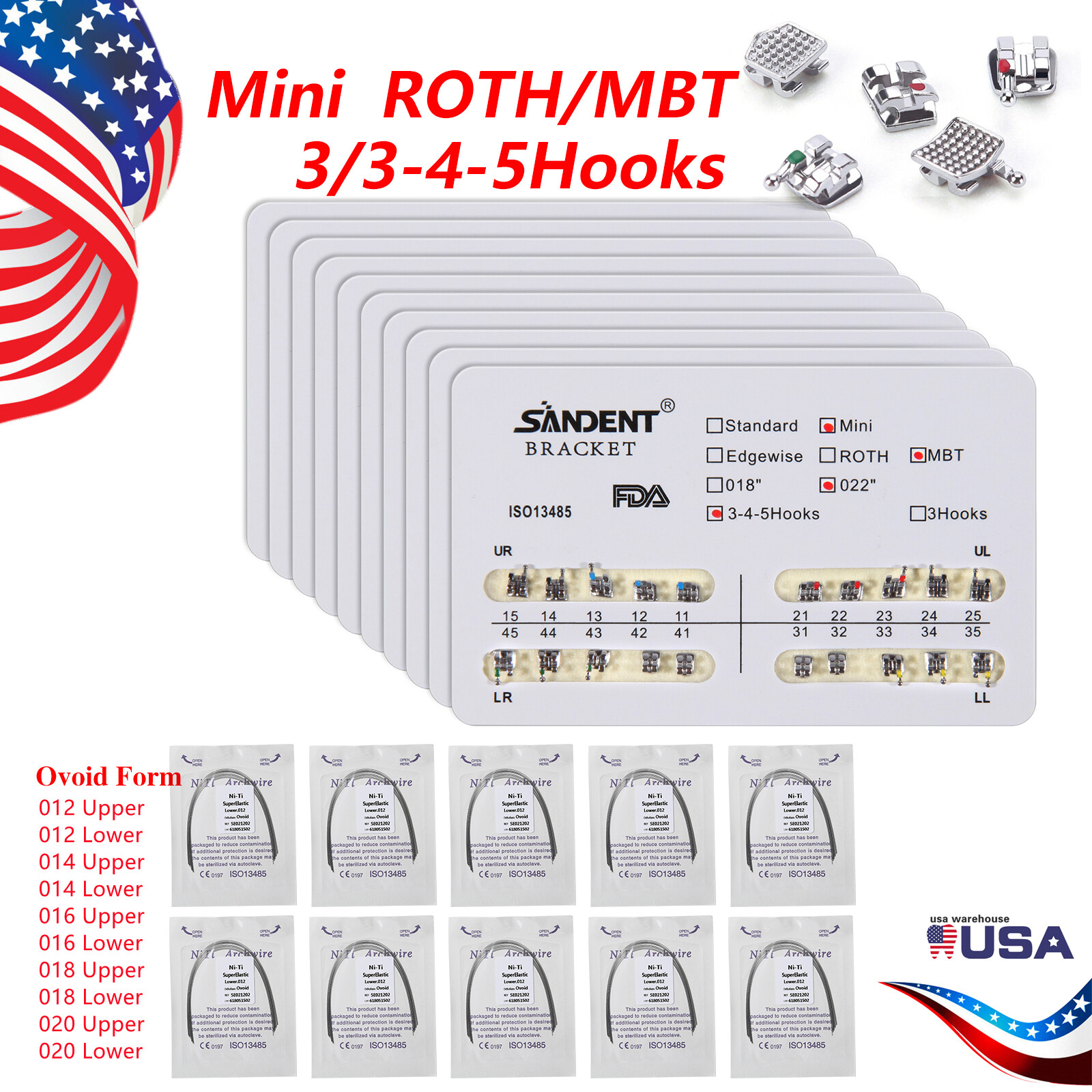 10 packs Dental Ortho Arch Wires Roth/MBT 3/345Hooks Metal Bracket Braces