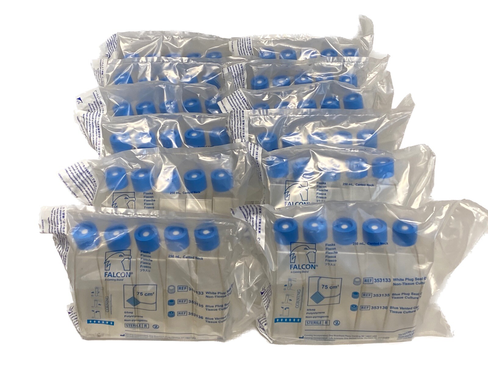 (60/Cs) FALCON 250mL 75cm² Tissue Culture Flasks Canted Neck Vented Cap 353136