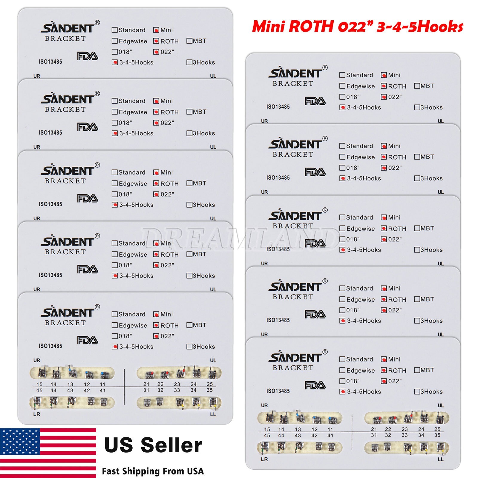10kits Dental Brackets Braces Orthodontic Mini Roth0.022″ Hooks 3-4-5