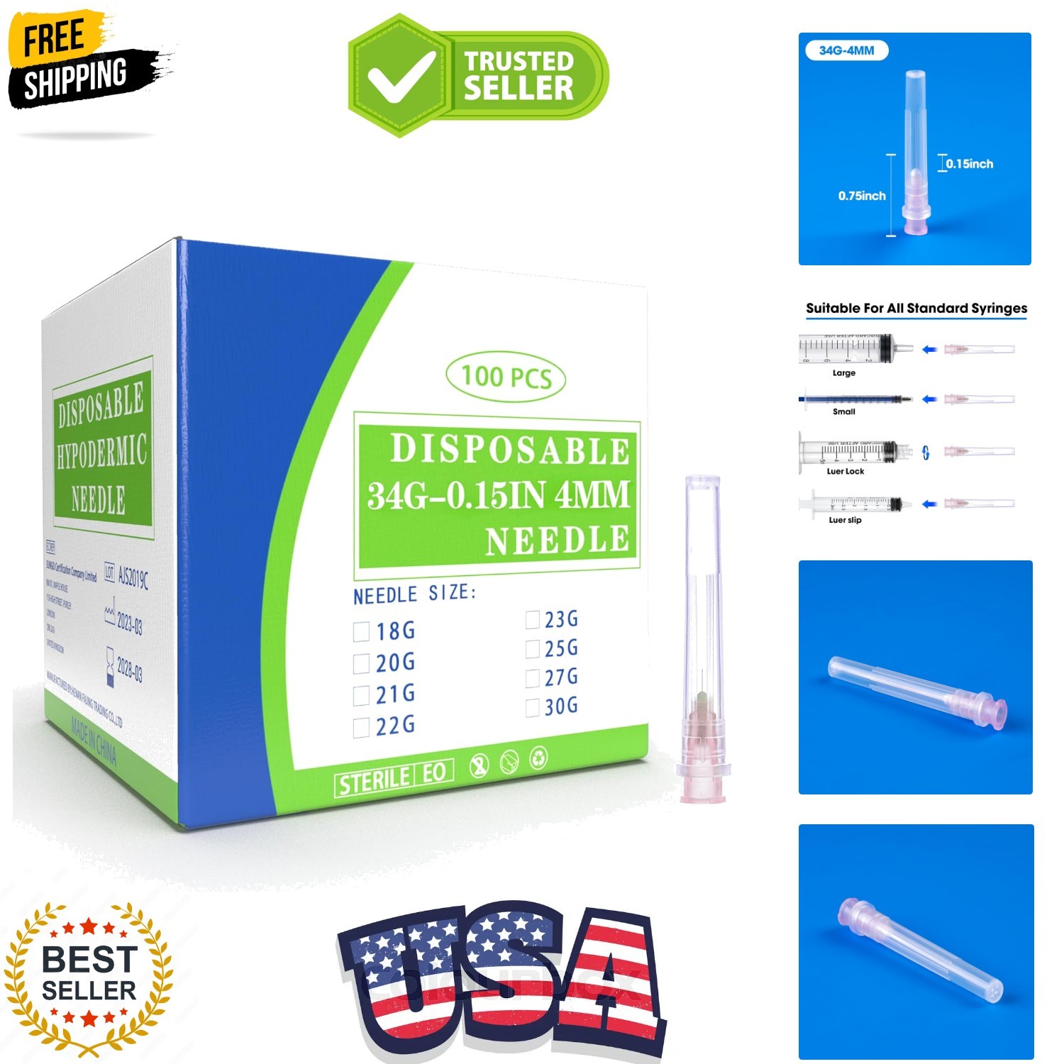 100 Pack 34 Ga 4mm Disposable Needles with Caps for Scientific and Industrial…