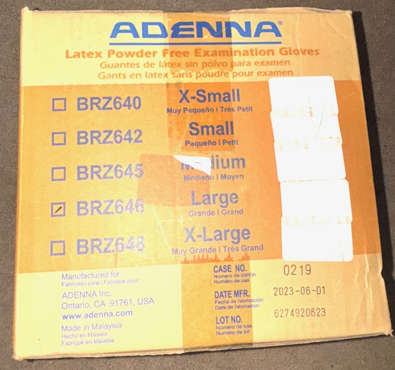 Adenna Bronze BRZ646 5 mil Latex Powder Free Exam Gloves, Large 10 Boxes of 100