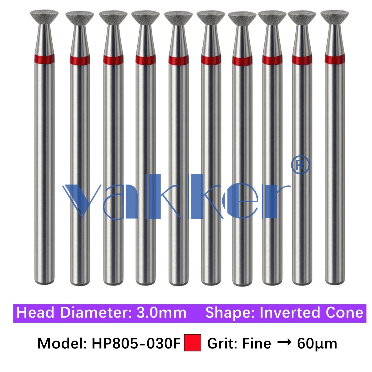 10/pk Dental HP Diamond Burs Inverted Cone HP805-030F Fine Grinding Drill Bits