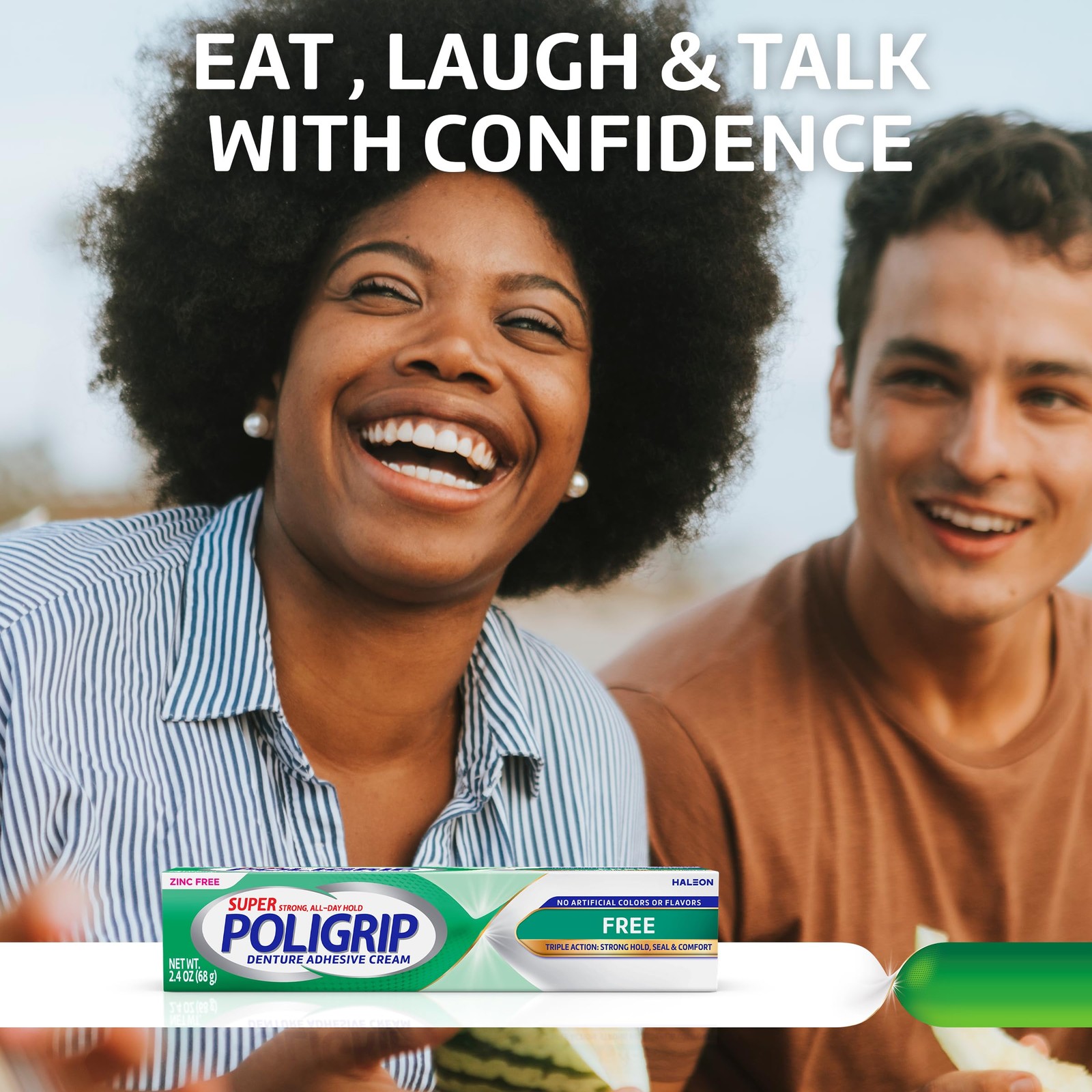 Poligrip Free Denture Adhesive Cream, Strong All 2.4 Ounce (Pack of 4), White