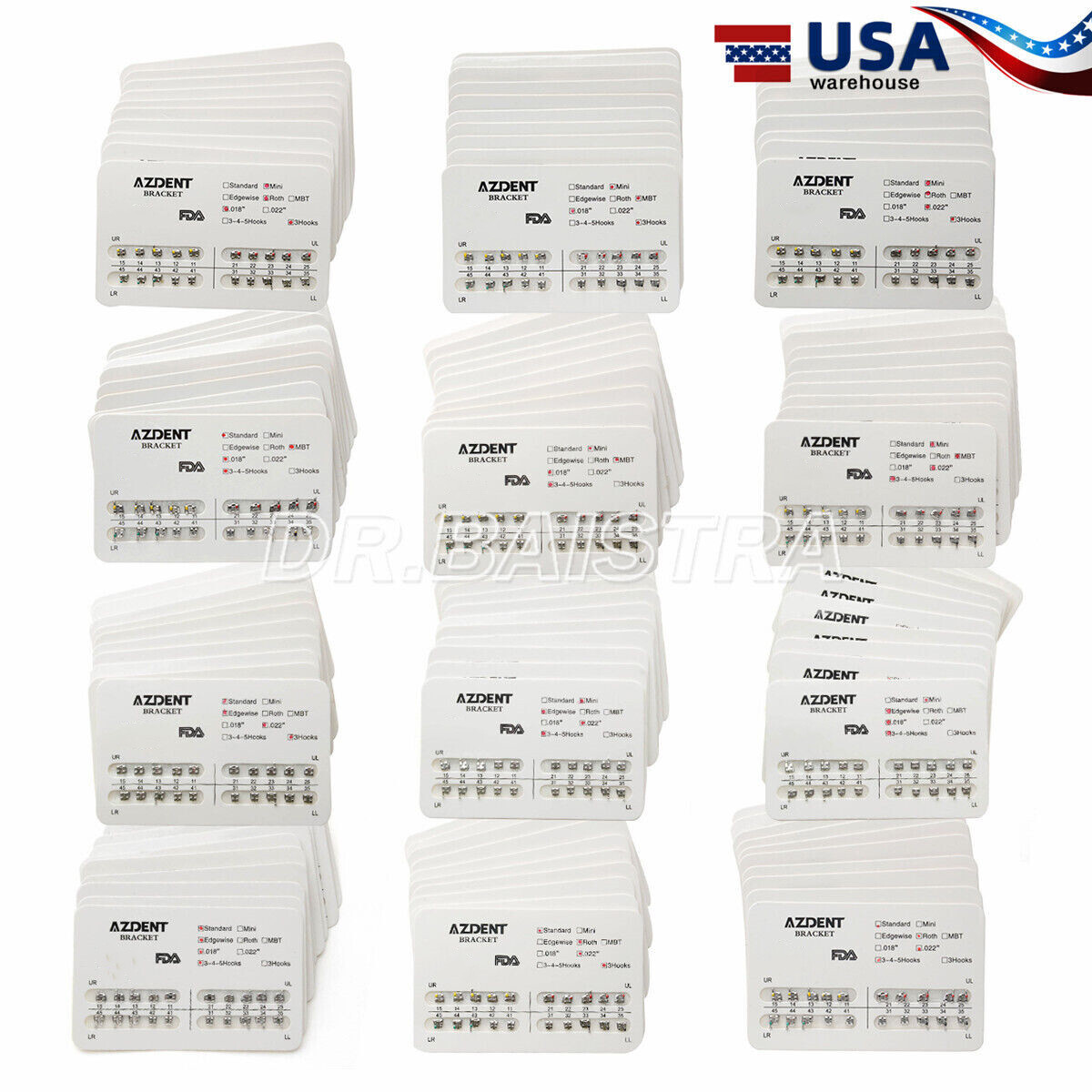 US Dental Orthodontic Bracket Brace Mini /Standard Roth/MBT.022/.018 Hook AZDENT
