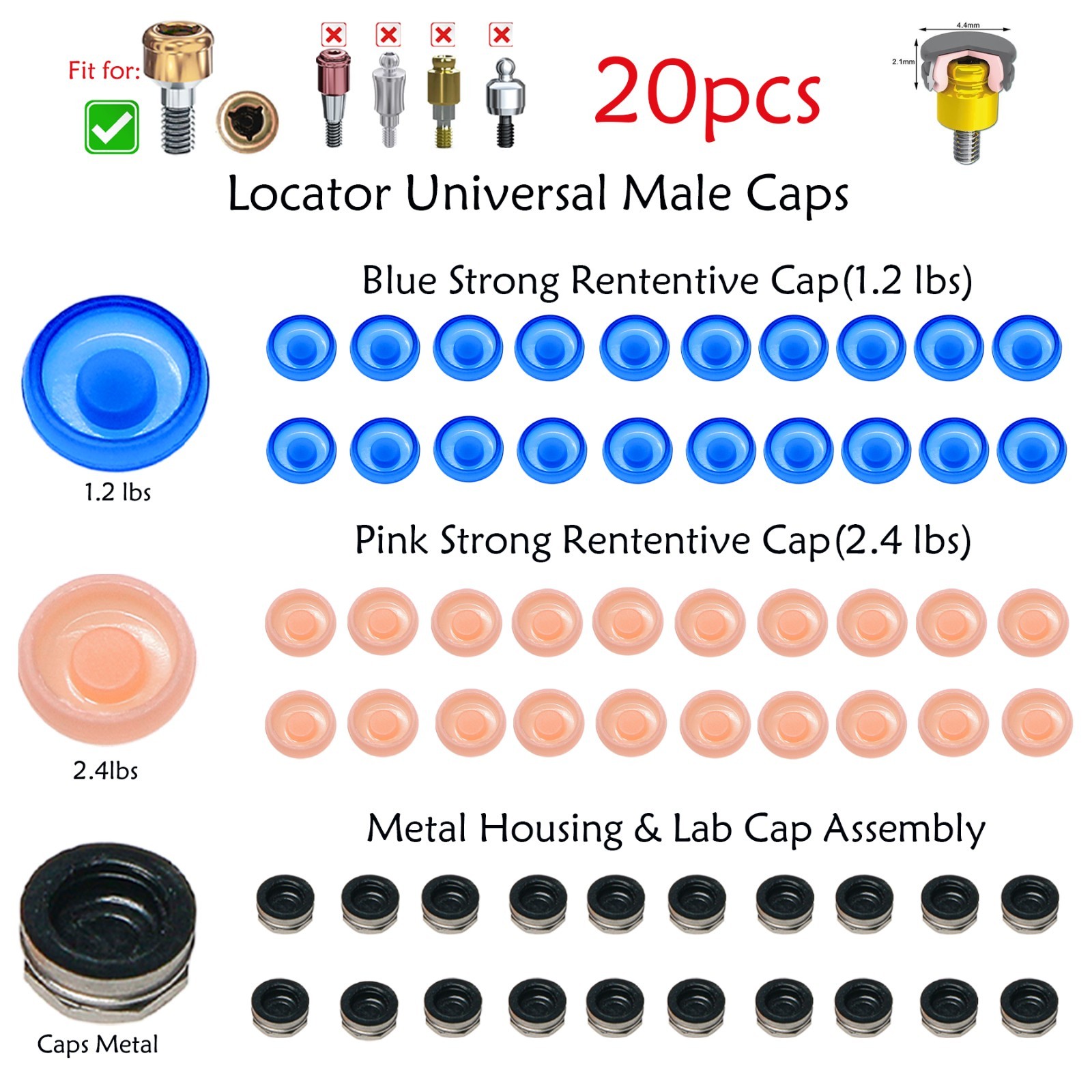 20Pcs Universal Dental Overdenture Replacement Cap for Zest Locator Male Inserts