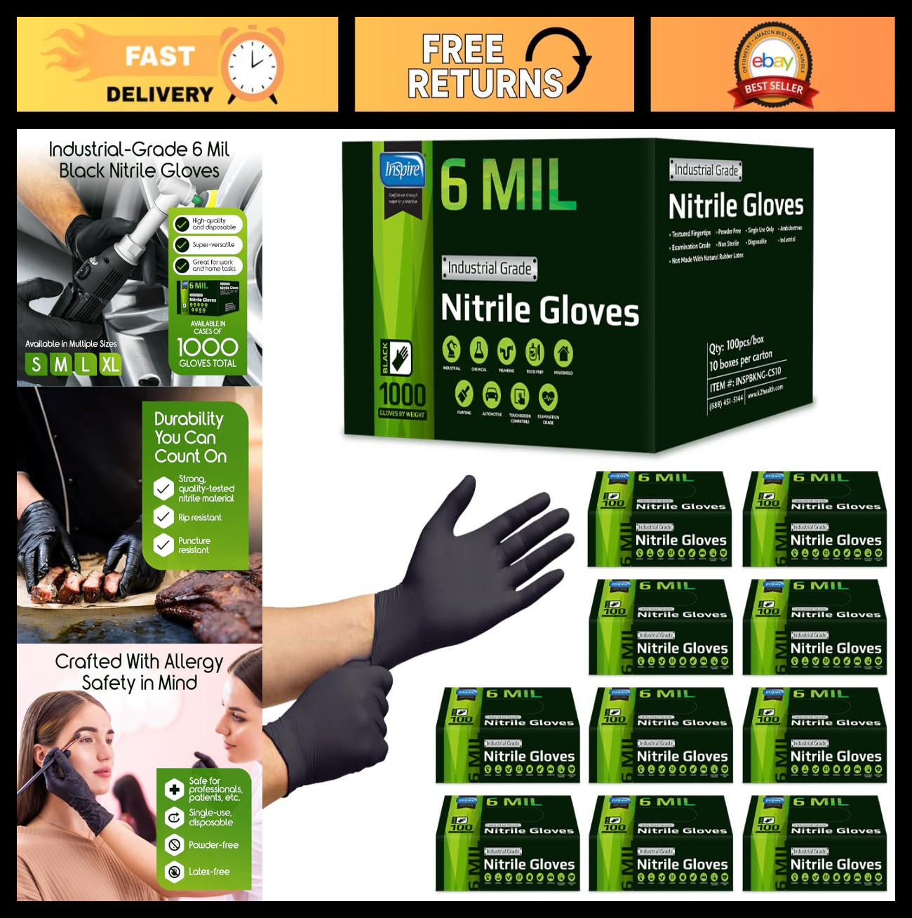 Heavy Duty Disposable Nitrile Gloves – Latex Free, 6mil Black & 8mil Orange, Foo