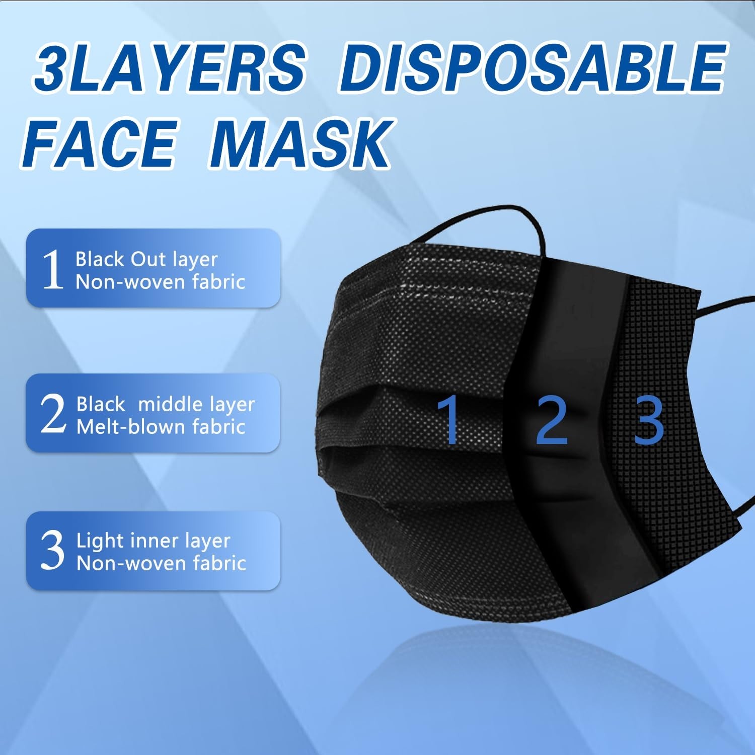 Soft Non-Woven 3-Ply Black Face Masks – 100 Count for Everyday Protection