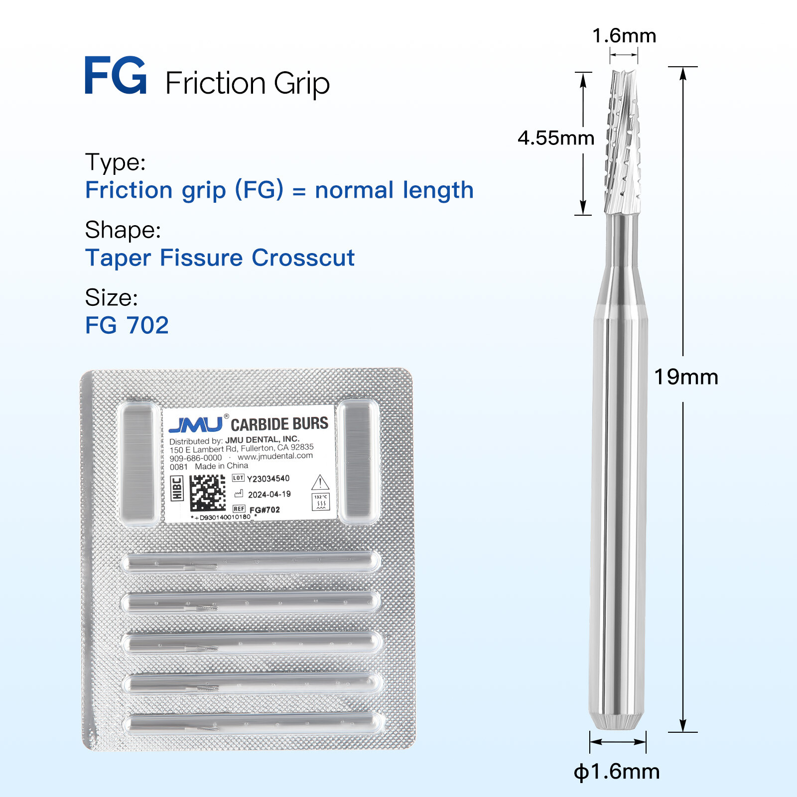 JMU Dental Carbide Burs FG Taper Fissure Crosscut 5pcs/pk