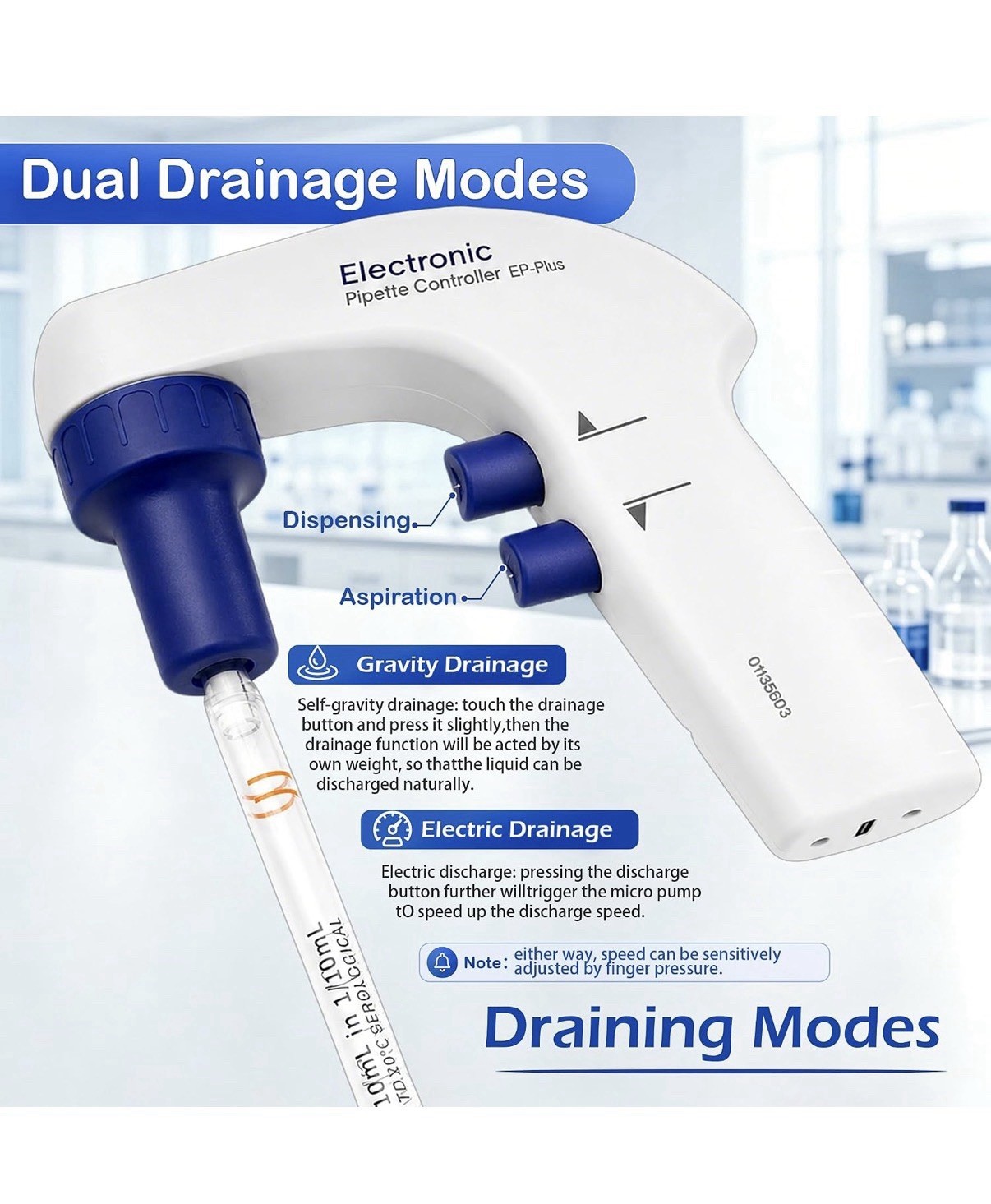 Electronic Pipette Controller 0.1-100ml Adjustable Speed Lab Liquid Transfer