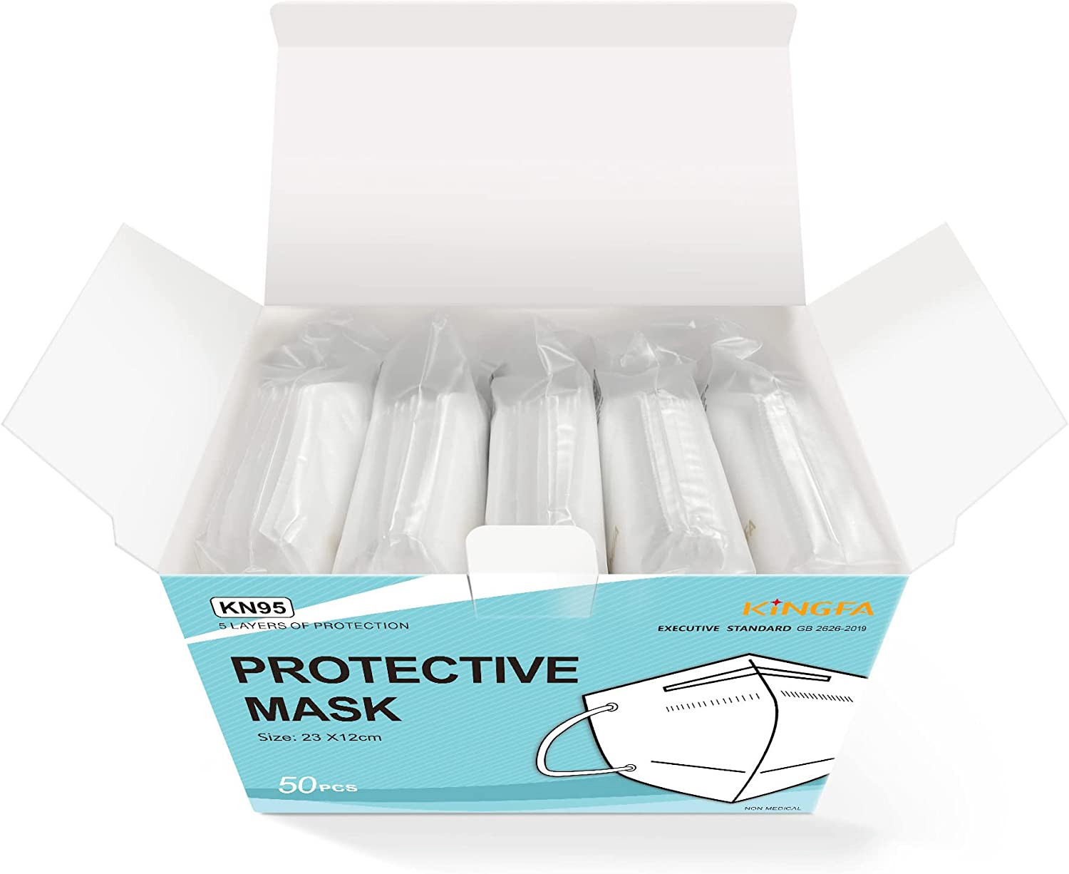 Kingfa KN95 White Face Mask 50 Pcs Disposable Respirator 5-Ply Layer GB2626-2019