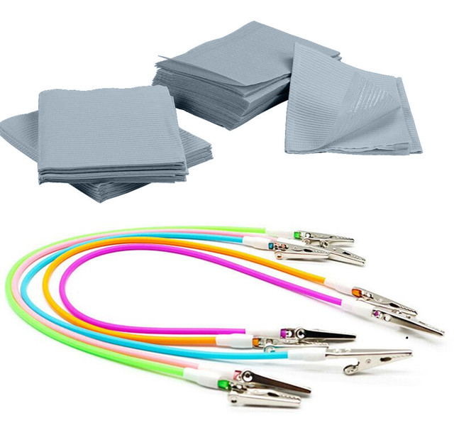 Dental Bibs 50 Grey + 5 Bib Clips Kit Disposable Waterproof Patient Protection