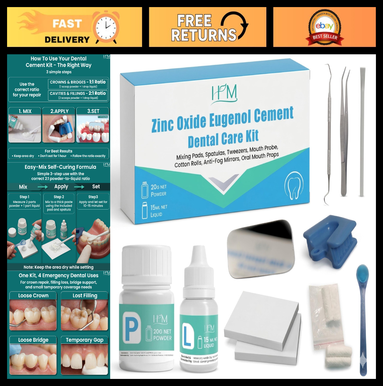 Zinc Oxide Eugenol Dental Cement Kit – Instant Tooth Repair, Crown & Bridge Fill