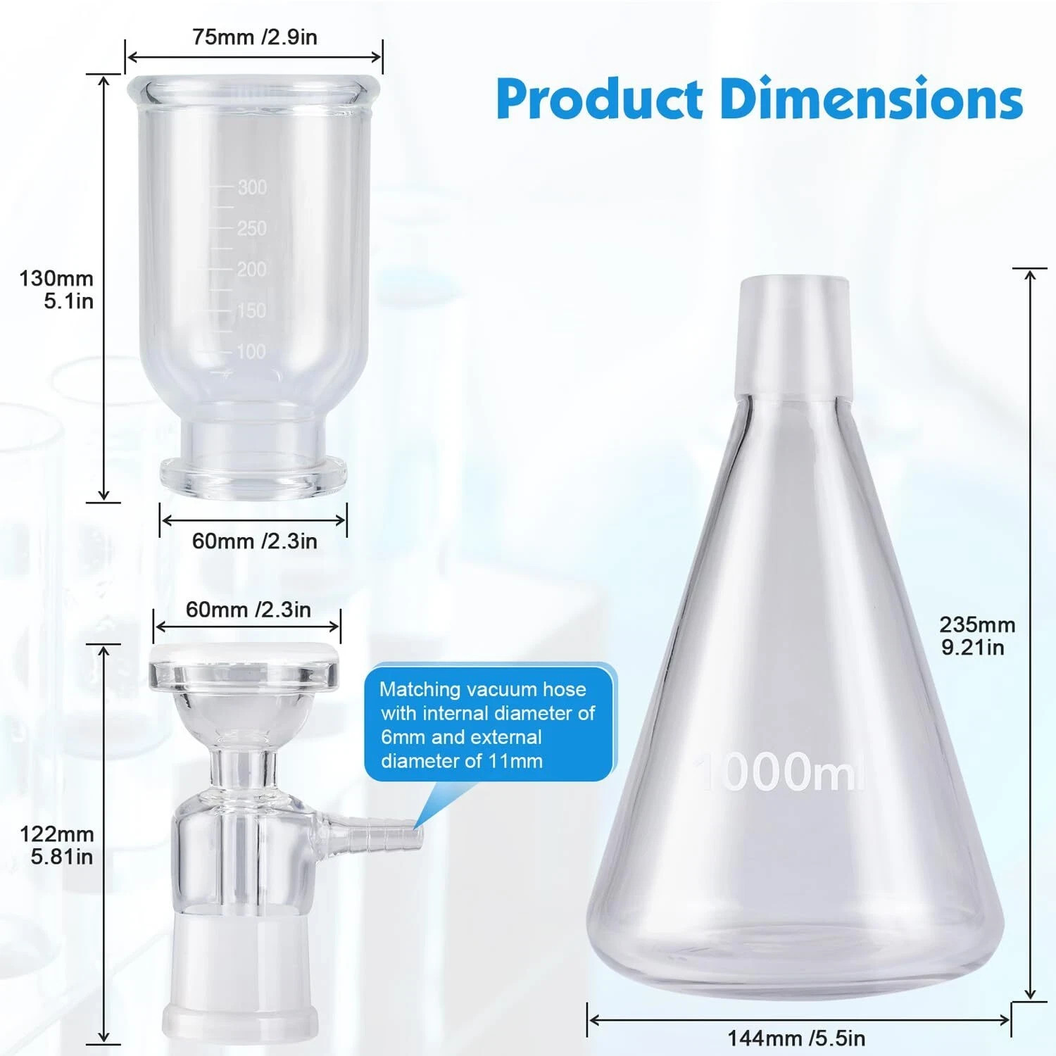 1000mL Lab Vacuum Filtration Flask Glass Filtration Device Kit Base Funnel Clamp