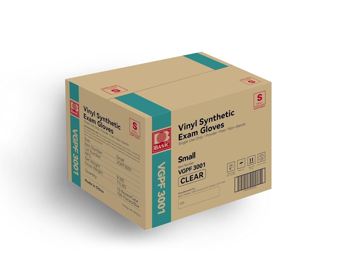 Basic Medical Clear Vinyl Exam Gloves, Latex-Free, Powder-Free, Case of 1,000