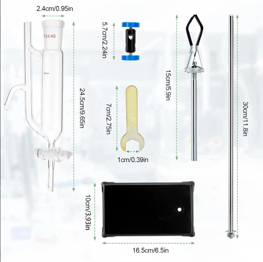 60ml Water Oil Receiver Separator w/ 24/40 Joint , Stand Glass Lab Distillation