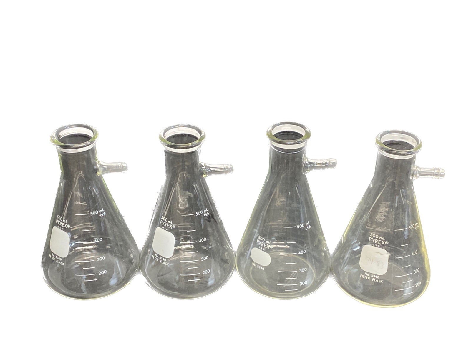 (4) PYREX Glass 500mL Graduated Heavy Wall Filtering Flask 11mm Sidearm 5340-500