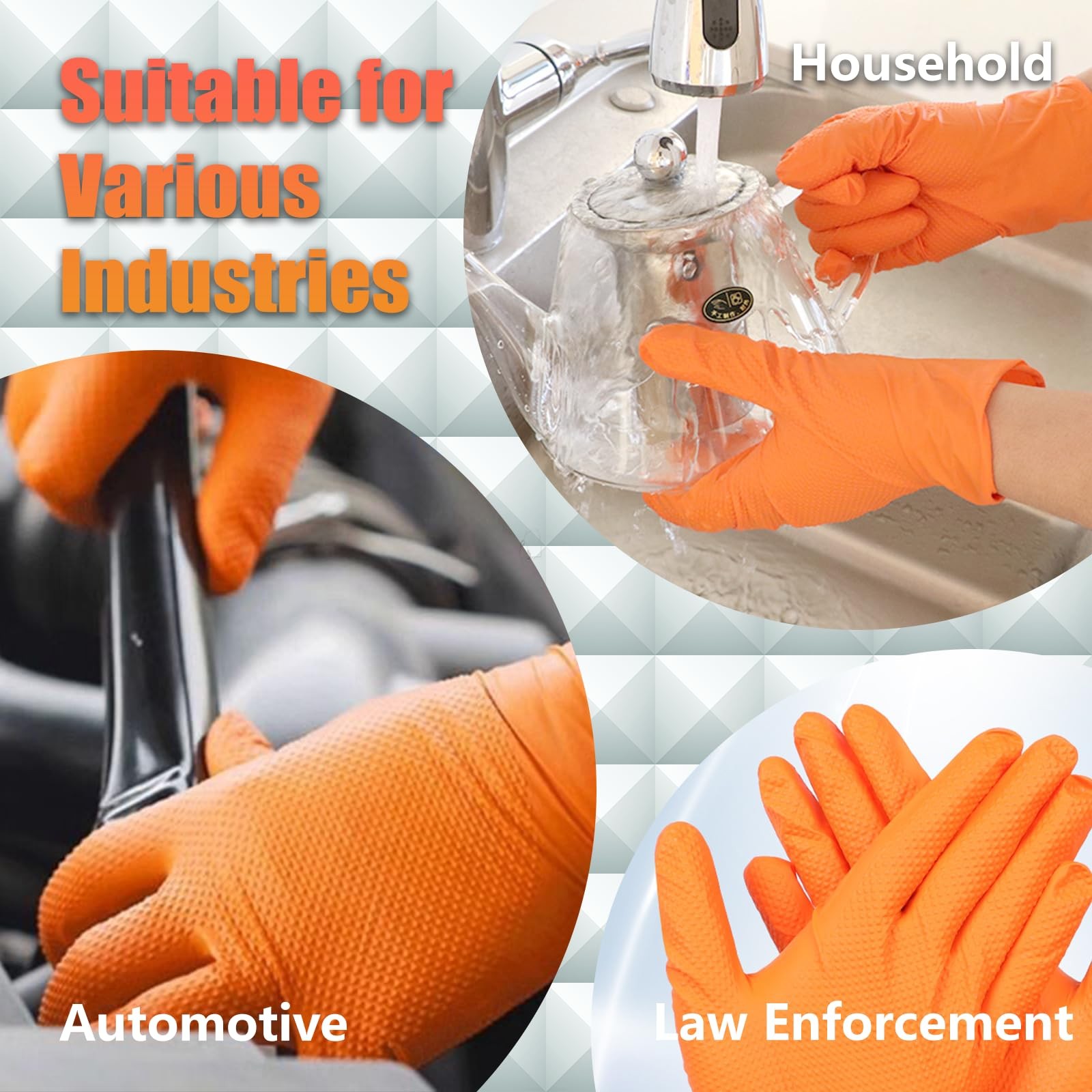 Heavy Duty Orange Diamond Grip 8mil Nitrile Gloves – Industrial Grade, Punctu…