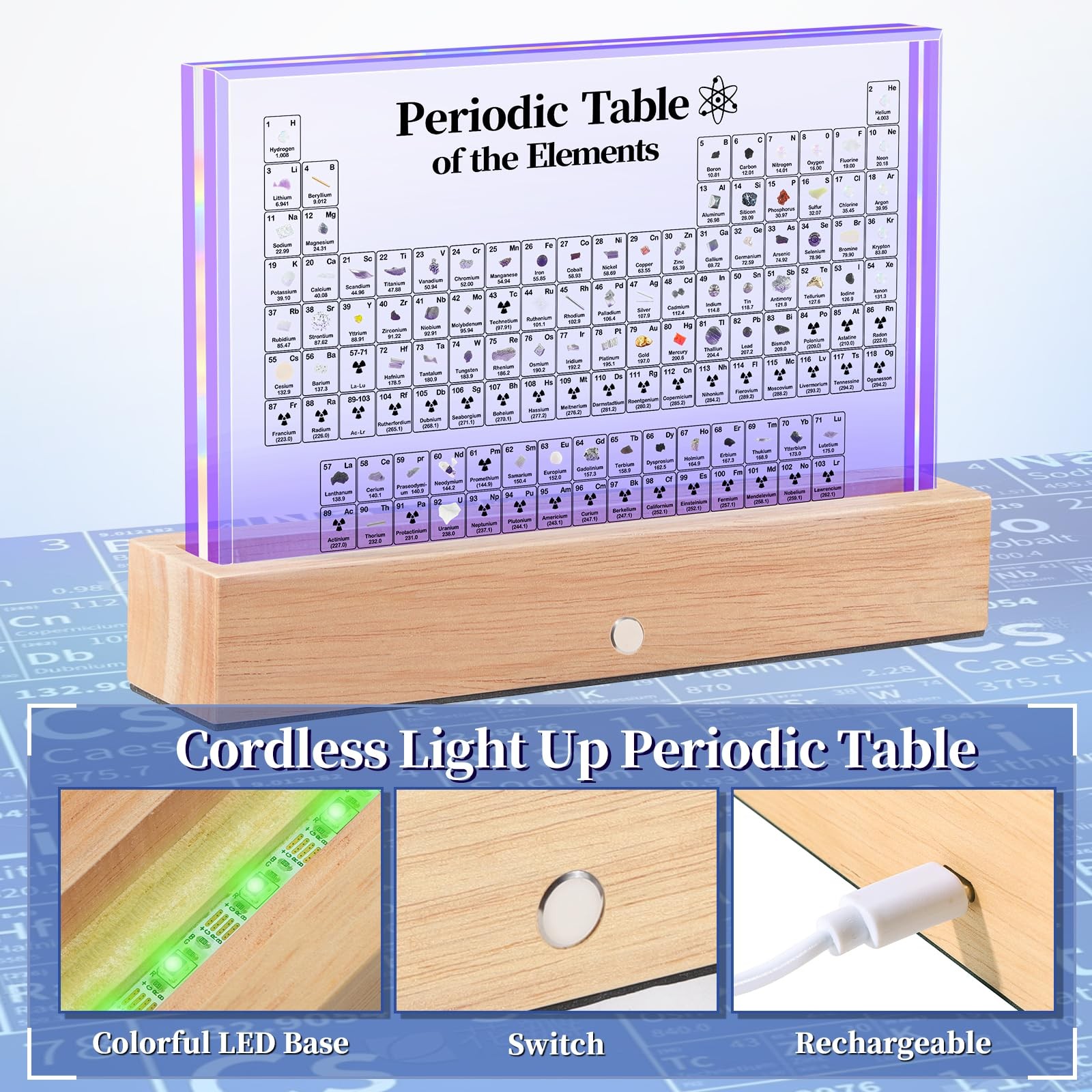 “Large Acrylic Periodic Table with Real Elements & LED Lights – Educational